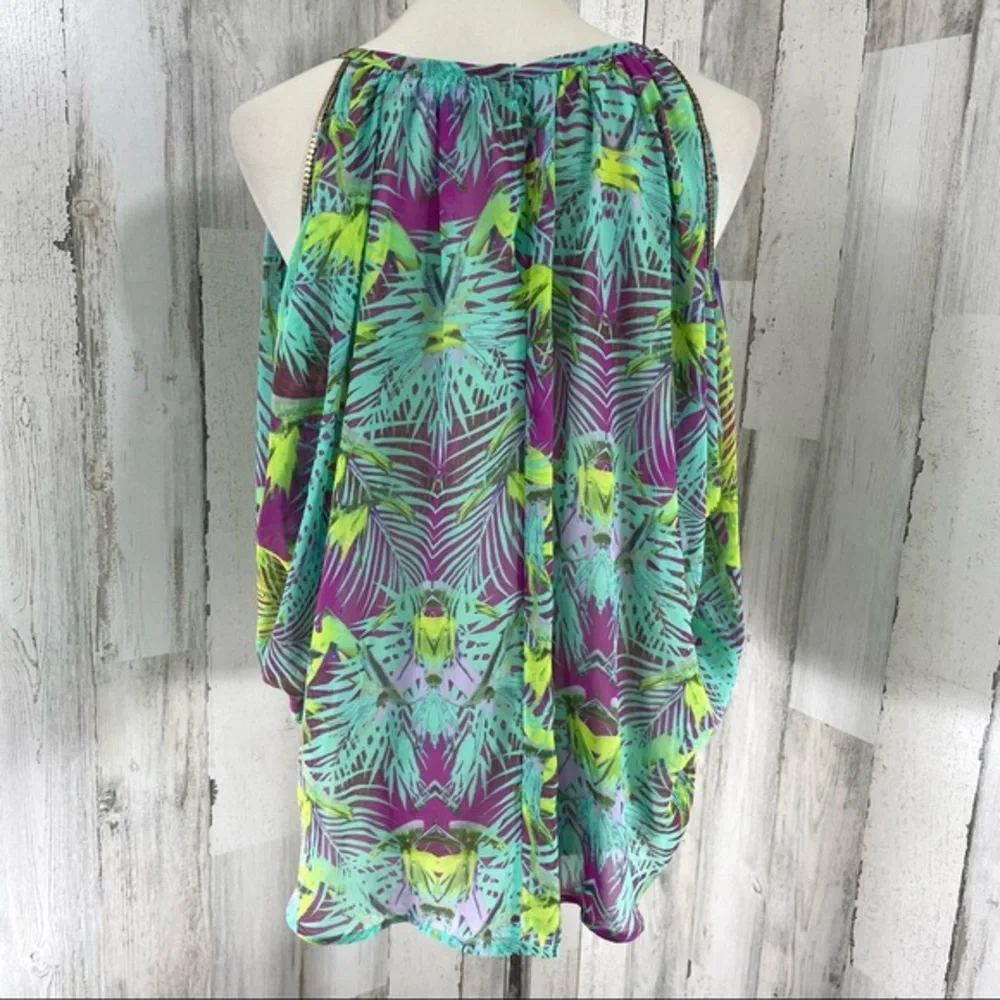 Jennifer‎ Lopez Green Blouse Top Shirt Could Shoulder Tropical Floral Sz S